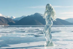 in a frozen sea with pretty mountains a full model lady statue with long curvy hair made of frozon water in artist pose standing over frozon water looking at camera, of clear glass like ice that going to melt and water drops fall from all body.