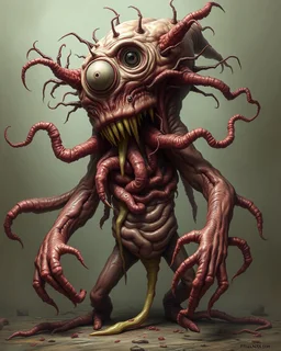 A horrific disgusting intestines and guts horror monster blob with eyeballs, teeth, needles, stingers, toxic slime, consuming a human with mutated deformed body many limbs, poisonous mutant creature, flesh, bones, anatomical structures