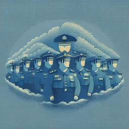 A minimalist design of a hoard of policemen in uniform with a badge on his chest in the style of Hokusai's The Great Wave off Kanagawa