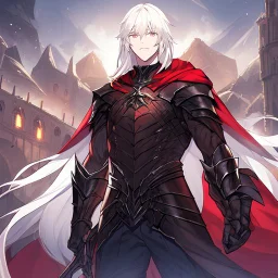 Vampire knight, young man, long white hair, black full plate armor, red cape