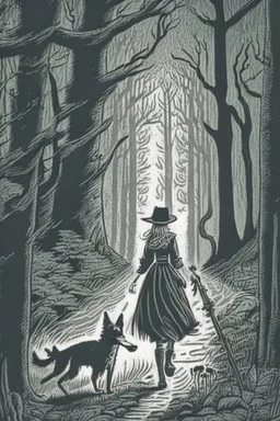 in the style of a Henry Justice Ford drawing, a witch walks through a forest, she is followed by a dog