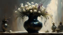 a vase of tiny skullflowers, horror, lovecraftian atmosphere, surrealism, magical atmosphere by jeremy mann and Pino Daeni and Wlop and Peter Paul Rubens, simple background