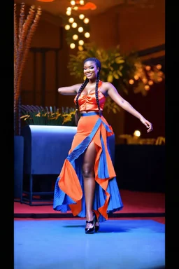 full body of very beautiful lady midi blue skirt and orange bluse , Braided hair ,standing idle happy pose in studio pretty makeup