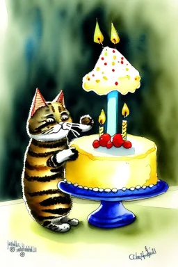 A cute cat is having a birthday cake. Watercolour