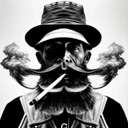 pencil Black and white Portrait of old fishermen sitting on a chair ,long beard, smoke coming out of Wooden Tobacco Smoking Pipe ,wearing a bucket hat, fantasy 8k by Van Gogh