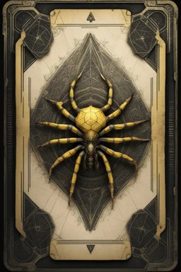 sacred geometry framed playing card brittle parchment, black and yellow spider with shadows boss card in the style of Giger and fallout 4 ,,bokeh like f/0.8, tilt-shift lens 8k, high detail, smooth render, down-light, unreal engine