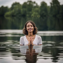 photography of a beautiful and happy anorexic woman, standing in lake water, eyes closed, meditation, white top, yoga flyer, brunette short wavy bob haircut, serenity, misty, relaxing image