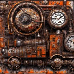 an abstract painting of an old locomotive, rust, scaffolding, iron cladding, decay, mixed media, textured, anatomically correct, melted clock, highly detailed