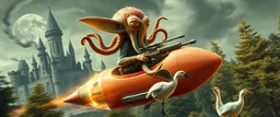 hairy macho gremlin octopus lizard alien couple living in a hi tech marvellous hot dog art graphics rocket with a mounted sling shot, heading for venus stone castle, background motion blur and smoke swirls, and cheeky geese through giant forest with textured trees