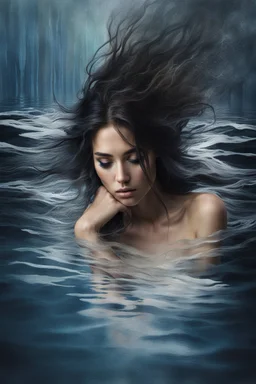 matte painting of a beautiful woman's face just under the surface of the water, close-up, sad, peaceful, beautiful, long messy hair, minimal colors, rough paint strokes, black, white, and a hint of dark blue and silver, paint strokes, insanely detailed, detailed matte painting, deep colors, intricate detail, splash screen, mystic, complementary colors