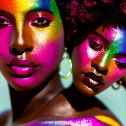 masterpiece, best quality, woman, dark skinned, sparkling eyes, fluorescent skin, colorful makeup, afro, highly detailed body, sun light, 4K, RAW, depth of field, high contrast, realistic details, 24mm