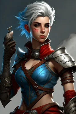 create a female air genasi from dungeons and dragons, dark gray short hair, light blue eyes, wind like hair, wearing red leather clothing, realistic, from waist up, digital art, high resolution, strong lighting