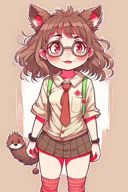 anime racoon girl with glasses curly hair fullbody