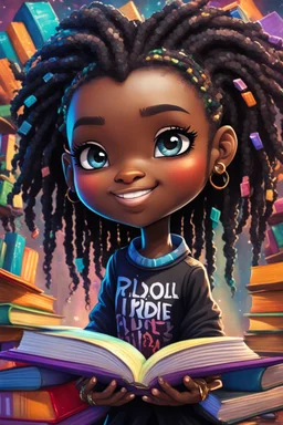 A sassy futurism ABSTRACT colorful art cartoon black chibi girl troll LOOKING DOWN, surrounded by colorful BOOKS. Looking up coyly, she grins widely, showing her Teeth. Highly detailed black shiny dread locs , regal expression.
