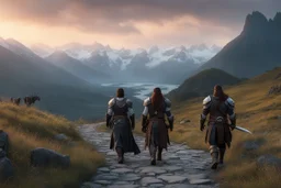 A panoramic, cinematic film still capturing Griz, a imposing female half-orc cleric, and a stoic male grey Ranger walking side-by-side on a rugged highland path at dusk. The scene is shot on 75mm Technicolor, Panavision, and presented in Cinemascope (2.35:1) with sharp focus, fine details, and an 8k HDR realistic texture. Griz (left) has greenish skin marked by visible ritual scars, intelligent burning yellow eyes, and an intense expression as she speaks softly. She wears sturdy fur boots, dark