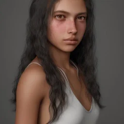 portrait of a teenager tanned girl with mid-length wavy black hair and amber eyes