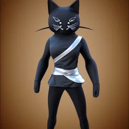 Chat, Modélisme trois dimensions, anthropomorphique, habillé comme un ninja, tenue très détaillée, argent, noir, sombre,furieux, réalisme