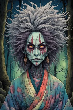 full color front facing portrait of a malevolent Yama Uba witch in a ragged kimono with highly detailed shaggy hair and slim, withered narrow facial features, in a haunted mountain forest, pierced by shafts of moonlight , art in the style of Alex Pardee, spirited away, studio ghibli, , 8k , finely detailed and precise line work, soft natural Spring colors