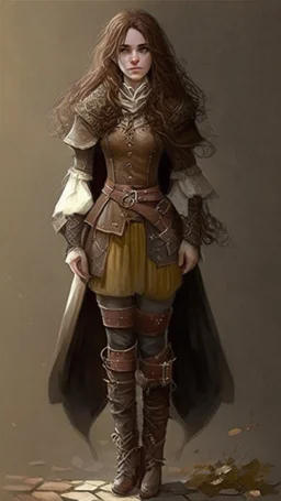 girl, brown hair, Her eyes are brown, she wears fantasy medieval clothes, she is slim, full body with boots