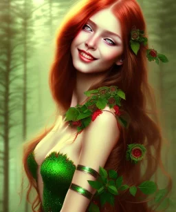 beautiful girl, red long hair, corsage, smile, green eyes, große oberweite at forest fantasy art