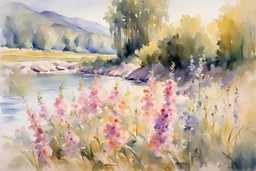 Sunny day, flowers, mountains, river, epic, john singer sargent watercolor paintings