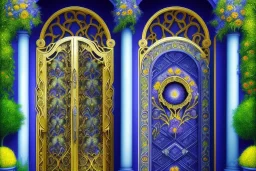 intricate ornate gate, garden, path, flowers, fine detail, high quality, Gothic, mystical, yellow blue purple olive silver azure