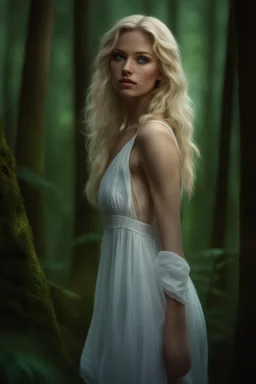 young woman small in stature Her features were soft, and her blonde hair framed her petite face.she wore was a thin white nightdress, which ended just above her knees. green/blue eyes. realistic 4k darkfantasy forest