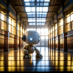 cute loab chat robot photo shoot in big train hall, 8k, downlight, soft light, depth of field, photorealism, trending on art station, lotsa detail, smoke and fog