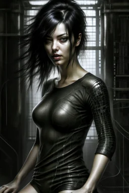 pretty girl, aged 15, black hair, dystopia, athletic, digital art, black bodysuit