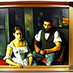 portrait of Jacobo Santiago Mozos born in 1976 and Gemma Arnau Arnau born in 1979,by Paul Cézanne, oil on canvas, cinematic composition, extreme detail,8k,fit full head inside picture