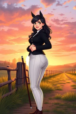 In a realistic, non-anime, cartoon style like Rubine by Walthery: Bust shot of 35-year old, bit chubby Scandinavian dark-haired mansion owner lady with green eyes, wearing equestrian attire with tight white pants and black or blue jacket and a riding crop, posing standing in Bavarian countryside in sunrise.