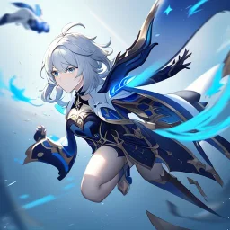 Genshin woman, Clear Focus High resolution, Calm Background, Light skinned woman, Black long beatiful hair, Dark blue sparkling eyes, Very Beatiful Face, Splash art, Battle Scene Epic, Jumping Pose