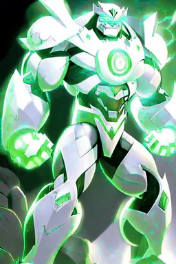 A new space creature from Ben 10 cartoon. Strong and graceful. From the White Tiger faction. Advanced hybrid metal golem. And the diamonds. He has a glowing green tattoo in the shape of old magic words