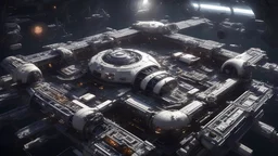 A massive space station orbiting a distant planet, managed entirely by an advanced AI system. The station's design features modular sections connected by flexible, robotic arms and corridors filled with automated drones performing various tasks, Ultra Realism, beautiful intricate insanely detailed octane render, 5d, 16k, artistic photography, natural volumetric perfect light, chiaroscuro, award-winning photograph, masterpiece, rule of thirds, 80mm lens, adjust perspective