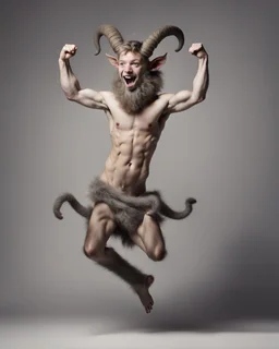 A horned satyr on full-length hind legs, legs in gray wool, jumps and smiles, sends an air kiss