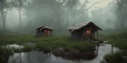 hut abandoned inner between mountain, long exposure photography, swamp, water, glass, fog, highly realistic, highly detailed, intricate, 8k