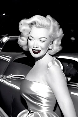 50s movie star queen with blonde hair entering a gala