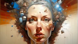 A modern day surrealist oil painting: My Exploding Head is the title of this piece, dutch master, , --ar 15:9 : depicting a surreal clear pixel glass exploding beautiful woman’s head and face made up of cracked fragments floating/pulled apart, 3d, all the broken and cracked fragments drifting far away, layers and layers, expanding/moving away from each other suspended in the air, inside the head is a galaxy, a whole world of art things, surrealist,