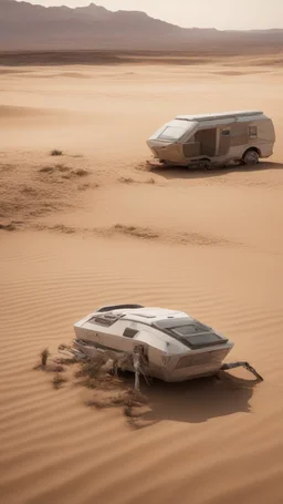 A zoom in Scorpion and in the background realistic photo of a landscape covered in sands that looks futuristic with futuristic lighting , a caravan from the “Breaking Bad” episodes