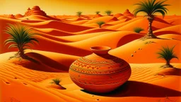 An orange desert with sizzling sands designed in African pottery painted by Lucas van Leyden