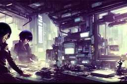 Wide angle view (((((cyberpunk laboratory. Major Motoko Kusanagi next to him. muted colors.))))) by Jean-Baptiste Monge