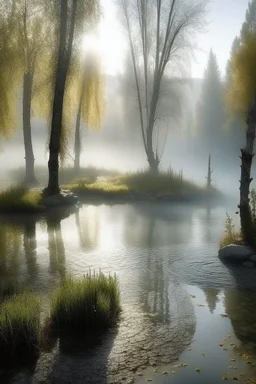 Circle pond, soft fog, with light breaking through, tall white birch trees, and a stone path flanking both sides of the pond going up to a gazebo, mystic fantasy genre