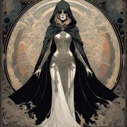 [art by Alphonse Mucha] The central figure is a skeletal, death-like character wearing a dark, hooded cloak, armed with swords, and adorned with intricate mechanical designs. Beside them, a pale, ghostly woman with flowing hair and a tattered garment appears either frightened or desperate. detailed fantasy illustration in the style of Art Nouveau with gothic and steampunk elements.