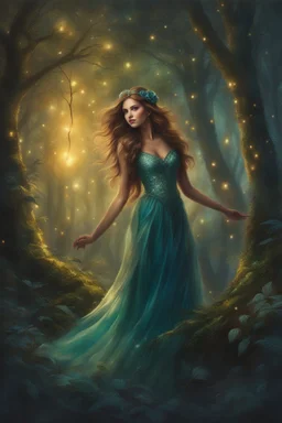 Painting of a dream girl in a fantasy forest, glitters in the forest background, digital painting, fantasy painting, dancing girl, song, fantasy art, fantasy girl, beautiful girl, beautiful face, 25 years old, beautiful painting, forest In the background, dark night, glitter in the background, fantasy forest, haunted forest