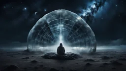 Melancholy, a person sitting alone beneath a giant transparent skin-shaped shell suspended in the night sky, staring into an endless universe, distant galaxies reflected in tear-filled eyes, surreal symbolism of being trapped inside oneself, cold moonlight, soft fog, dreamlike melancholy, existential sadness, poetic and haunting atmosphere, fine art photography, cinematic lighting