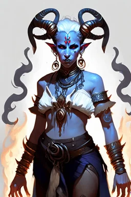 A full body image of this tiefling woman she has fire powers, she is floating she has lots of jewelry and the horns of a ram and also the horns of a gazelle, her outfit is white and her body is covered in tribal tattoos, she is about to attack