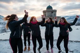 a group of Turkish young ladys in sports pants and blouse winter jacket are dancing in Babak Castle in Iran west north ,cloudy sun set sky,snowy environment