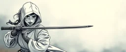 pen outline and airbrush, female ninja doctor in the wild, blurred realistic background