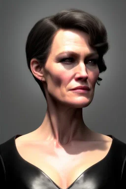 Robin Wright as evil queen in black leather, busty, cleavage, curvy, Claire Underwood, angry, stern look. character design by cory loftis, fenghua zhong, ryohei hase, ismail inceoglu and ruan jia. unreal engine 5, artistic lighting, highly detailed, photorealistic, fantasy