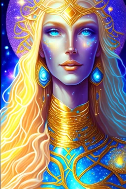 Красивая высокая женщина, плеядеанский галактический командир, Европейского вида, корабль, идеально детализированное лицо, детализированный золотой галактический костюм, высокое звание, длинные светлые волосы, рука с пятью идеально детализированными пальцами, удивительные большие голубые глаза, улыбающийся рот, губы высокой четкости, космическое счастье, яркие цвета, синий, розовый, золото, драгоценности, реалистичный, реальная фотография, яркий и солнечный фон, очень детализированный,
